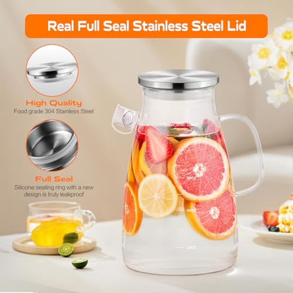 1 Gallon 128oz Glass Pitcher,Water Pitcher with Full Seal Lid and Spout, Glass Carafe for Hot/Cold Drink, Water Jug for Iced Tea, Coffee, Juice, Milk, Beverage | Thickened Borosilicate Glass Iced Tea Pitcher, Drip-free Spout, Heat Resistant, Stovetop Dish