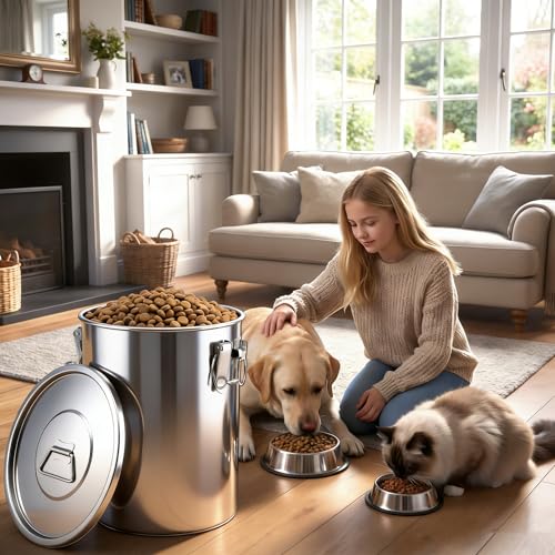 304 Stainless Steel Dog Food Storage Container, 25LB/30LB Airtight Pet Food Container with Locking Lid & Silicone Seal, Large Metal Food Storage Bin for Dry Dog/Cat Food, Rice, Flour (25 LBS) - size: 25 LBS