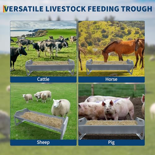 Livestock Feeding Trough,45.13" Feed Trough for 10 Sheep Once,22 Gallon Capacity,Heavy Duty Pig Feeder,Metal Sheep Feeder for Horse Goat Hog Farm Sheds Pen,Silver - color: Silver