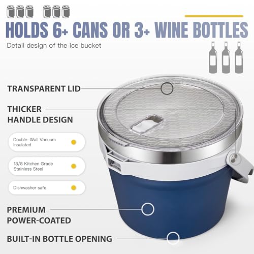 COKTIK 7L Vacuum Insulated Ice Bucket with Lid and Scoop& Tongs，Large capacity Stainless Steel Beverage Bucket for Cocktail, Champagne, Wine, Beer，Large Parties（Dark Blue Suit） - color: Dark Blue Suit
