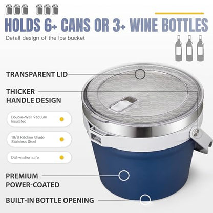COKTIK 7L Vacuum Insulated Ice Bucket with Lid and Scoop& Tongs，Large capacity Stainless Steel Beverage Bucket for Cocktail, Champagne, Wine, Beer，Large Parties（Dark Blue Suit） - color: Dark Blue Suit