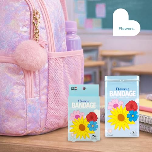 BioSwiss Bandages, Flowers Shaped Self Adhesive Bandage Set, Latex Free, Sterile Wound Care, 24 Count - color: Flowers, size: 24-Count Box