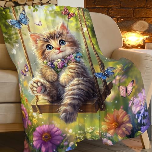 Funny Cat Blanket Gifts for Girls Boys Butterfly Throw Blankets Cute Cat on a Swing Fleece Flannel Stuff Soft Lightweight Flowers Plush Blanket for Kids Teens Adults Bed Sofa Decor 60"x50" | Cute Cat on a Swing Stuff Fleece Flannel Throws Soft Lightweight