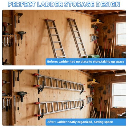 Cargo Trailer Ladder Rack-200lb Load-Carry 1-2 Ladders-Adjustable Aluminum Side Mount RV Ladder Rack-Rubber Pads/Bungee Cords/Hooks for Open/Enclosed Trailer/Garage/Shed Exterior/Interior Wall