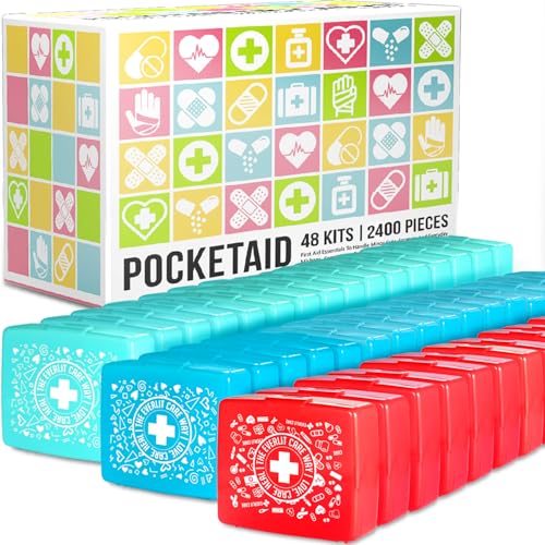 EVERLIT Pocket-Aid Mini First Aid Kit | Compact, Portable Hard-Shell Cases of 50 Items | Cuts, Scrapes, Wound Care Essentials for Travel, Outdoor, School, Camping, Home, Office (48 Packs | 2400 Pcs) - size: 48 Packs | 2400 Pcs