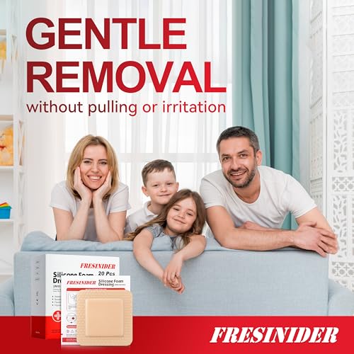FRESINIDER Silicone Foam Dressing with Adhesive Border – Wound Dressing Bandage – Silicone Foam Pad – Pack of 20 – 4 x 4 Inches Large Waterproof Bandages – Self Adhesive Wound Care and Dressings - color: 4" X 4", 20 Pack