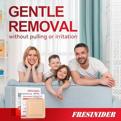 FRESINIDER Silicone Foam Dressing with Adhesive Border – Wound Dressing Bandage – Silicone Foam Pad – Pack of 20 – 4 x 4 Inches Large Waterproof Bandages – Self Adhesive Wound Care and Dressings - color: 4" X 4", 20 Pack