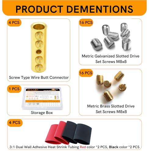 000 Gauge Wire Butt Connectors 4 PCS Brass Mechanical Butt Splice Connectors Kit 3/0 AWG Mechanical Repair Splice Kit Splice Screw Sleeves 4 PCS Mechanical Splices & 3:1 Heat Shrink Tubes - size: 000 (3/0) Gauge, style: Mechanical Splice - Bare Pure Brass