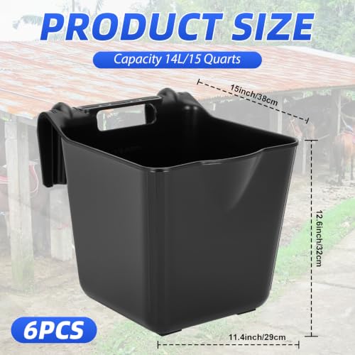 15 Quart Horse Feed Bucket, Heavy Duty Plastic Livestock Feeding Pails, Black, Pack of 6, Multipurpose Water & Feed Tubs for Horse, Pony, Goat, Farm Stable Use