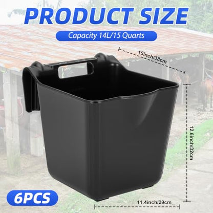 15 Quart Horse Feed Bucket, Heavy Duty Plastic Livestock Feeding Pails, Black, Pack of 6, Multipurpose Water & Feed Tubs for Horse, Pony, Goat, Farm Stable Use