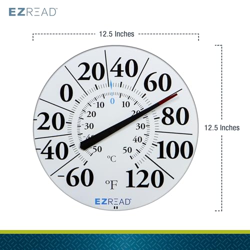 EZREAD Hanging Dial Thermometer 840-1210 Weather Thermometers for Indoor and Outdoor Use, Large 12.5 Inch Diameter, Easy to Read Numbers, Basic White - color: White