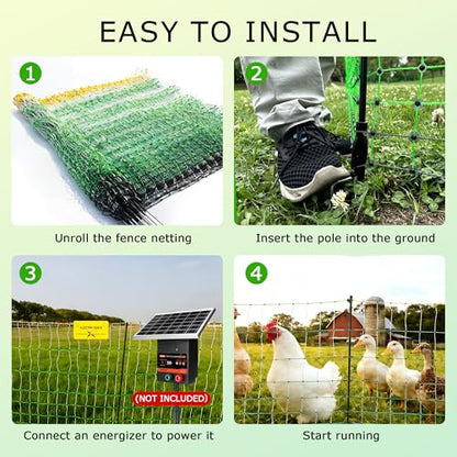 Electric Poultry Netting, 47.2"H x 164'L Electric Chicken Fence Netting | for Chickens, Ducks,Turkeys, Sheep, Geese in Yard, with Posts & Double-Spiked Stakes Farms,Backyards, Garden