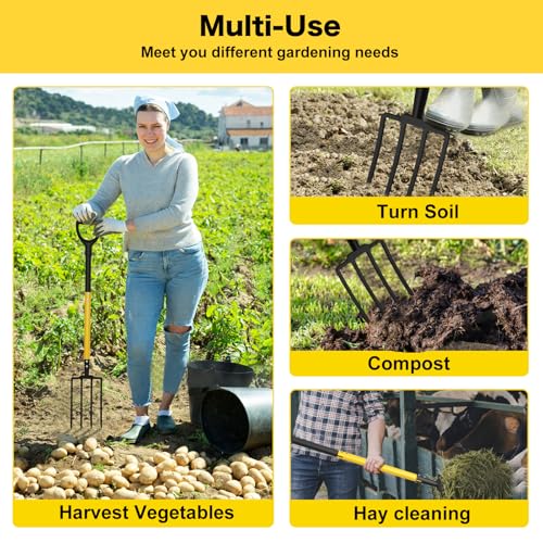 Pitch Fork, 4 Tine Heavy Duty Garden Fork Ergonomic Handle for Gardening