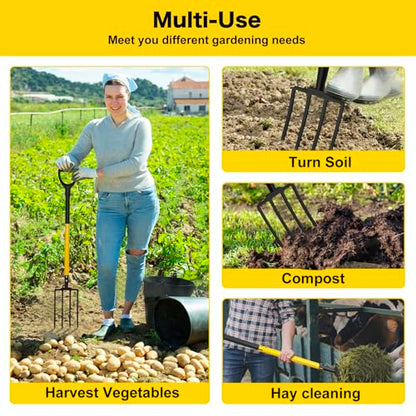 Pitch Fork, 4 Tine Heavy Duty Garden Fork Ergonomic Handle for Gardening