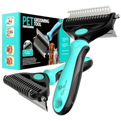 Spring Blossoms-2 in 1 Professional Grooming Rake for Cats & Dogs-Dematting Comb for Easy Mats & Tangles Removing,Pet Brush Safe No More Nasty Shedding and Flying Hair (Cyan) - color: Cyan