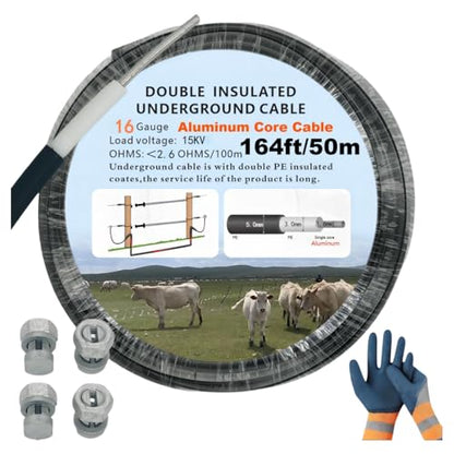 16 Gauge 164ft Electric Fence Double Insulated Wire | Heavy-Duty Underground Hard Cable, Aluminum Core Low Resistance, 15Kv. For Direct Burial, Under Gates. Includes Split Bolt - size: 50meters/164ft