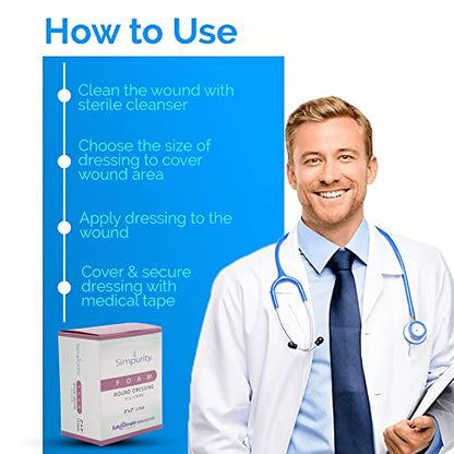 Safe n' Simple Medical Dressing for Wounds - 12 Pack Thick Pads 2" x 2" - Highly Absorbent Non-Adherent Foam Padding