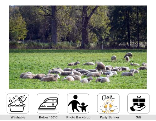 5x3ft Fabric Grass Sheep Pasture Backdrop Flock Wool Sheep Lush Green Meadow Tall Broadleaf Tree Photography Background Tapestry Country Farm Sheep Decorations Photo Booth Props - size: 5x3ft