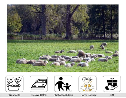 4x4ft Fabric Grass Sheep Pasture Backdrop Flock Wool Sheep Lush Green Meadow Tall Broadleaf Tree Photography Background Tapestry Country Farm Sheep Decorations Photo Booth Props - size: 4x4ft