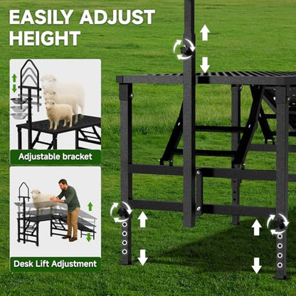 Professional Goat Milking Stand with Ramp, 600LBS Heavy Duty Foldable Livestock Trimming Platform, Metal Grooming Stand with Adjustable Headpiece & Stainless Steel Feeder for Nubian & Dwarf Goats - color: Black with Ramp