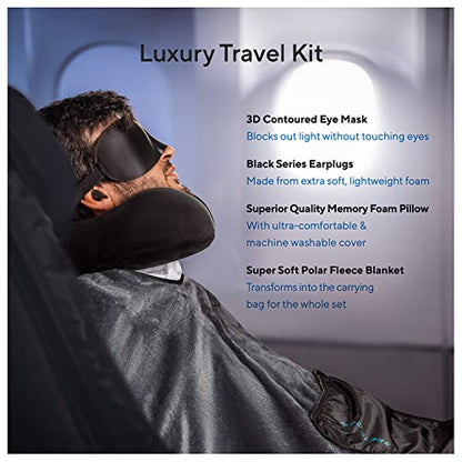 Proglobe Travel Blanket Luxury Travel Set - Ergonomic Airplane Neck Pillow 100% Pure Memory Foam and Super Soft Fleece Blanket - Premium 3D Sleep Mask & Earplugs - Ultimate 4-in-1 Traveling Kit Black