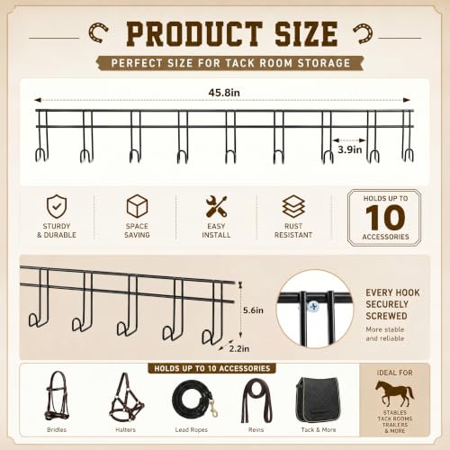 Yaocom 10 Hook 2 Pcs Bridle Hooks Tack Room Metal Wall Hangers Rack, Black - style: 10 Hook