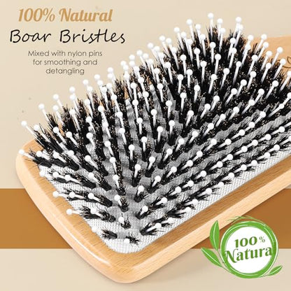 URTHEONE Hair Brush,Boar Bristle Hair Brushes and Styling Comb Set for Women Men Kids, Best Natural Wooden Paddle Hairbrush for Wet or Dry Hair Detangling Smoothing Massaging - color: White