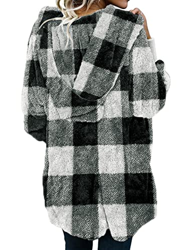 Dokotoo Womens 2025 Winter Long Sleeve Solid Fuzzy Fleece Open Front Hooded Cardigans Jacket Coats Outerwear with Pocket - color: A Plaid Black 2, size: Medium