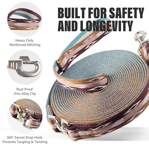 26FT Horse & Dog Training Leash - Lunge Line with 360° Swivel Snaps - color: Burgundy/Pink/Brown