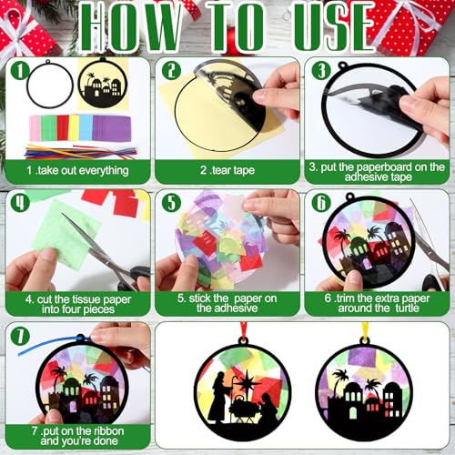 AmazingSpark 30 Pcs Nativity Ornaments Craft Kits, Suncatchers DIY Xmas | Birth of Jesus Stained Glass Tissue Art, Christian Religious Education, Church Classroom Party Activities Bulk Set - style: Christmas Nativity