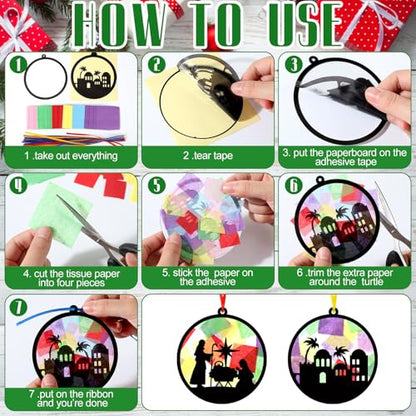 AmazingSpark 30 Pcs Nativity Ornaments Craft Kits, Suncatchers DIY Xmas | Birth of Jesus Stained Glass Tissue Art, Christian Religious Education, Church Classroom Party Activities Bulk Set - style: Christmas Nativity