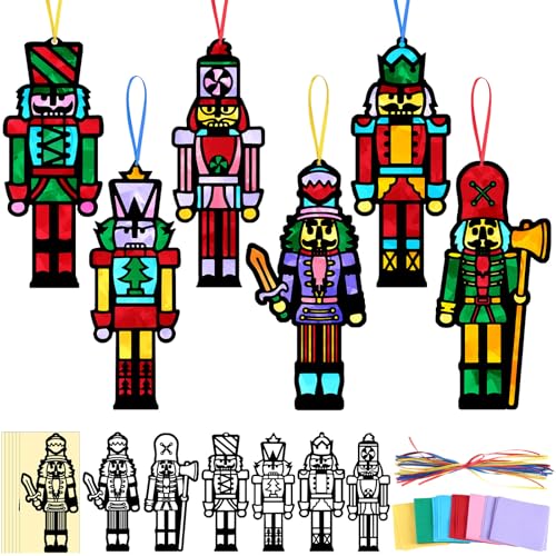 AmazingSpark 30 Pcs Christmas Nutcracker Suncatchers Stained Glass Craft | DIY Paper Crafts with Tissue Sheets for Kids , VBS Classroom Projects, Bulk Art Set for Groups, Xmas Ornament Decor - style: Christmas Nutcracker