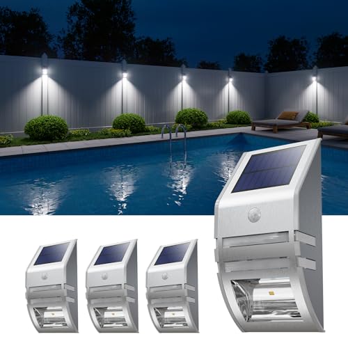 4 Pack Metal Solar Fence Lights Cool White Lamp with Motion Sensor | Stainless Steel, Polished Silver Finish, Waterproof, Outdoor Security Lighting for Post Siding, Stair, Path, Yard, House Wall - color: Silver