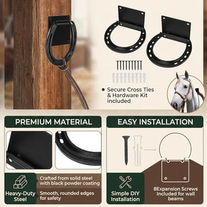 CHICIRIS Horse Hitching Ring Horse Tie Ring Cross Tie Set of 2 Solid Steel Rustic Black Coated with 8 Expansion Screws for Stall Stable Supplies