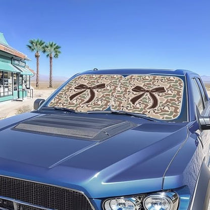 Windshield Sun Shade Foldable Brown Camo Bow Auto Front Window Sunshades for Most Windshield, Auto Sun Heat and UV Rays Blocker Keep Your Car Cool, 28.5"×25.5" - color: Brown Camo Bow