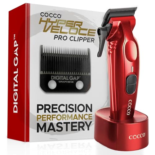 Cocco Hyper Veloce Pro High Performance Cordless Brushless Hair Clipper | Digital Gap Ambassador Graphene Taper Blade, for Professional Barbers, 7200 RPM BLDC Motor, All Metal, Charging Base - color: Red