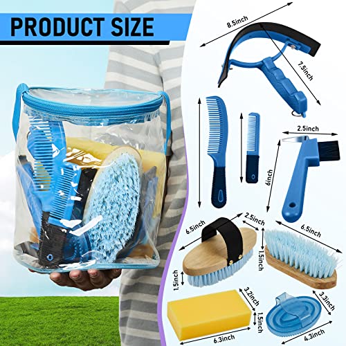 Cunhill 9 Pcs Horse Grooming Kit with Bag Curry Brushes,Cute,Blue - color: Blue, style: Cute