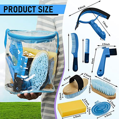 Cunhill 9 Pcs Horse Grooming Kit with Bag Curry Brushes,Cute,Blue - color: Blue, style: Cute