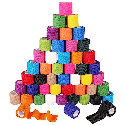 48 Pack 2” x 5 Yards Self Adhesive Bandage Wrap Athletic Elastic Breathable Cohesive Bandage Wrap Rolls for Stretch, Sports, First Aid, Wrist, Ankle Sprains, Swelling, Vet Wrap - color: Multi-color