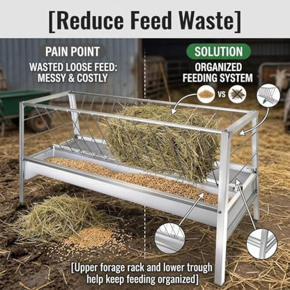 Heavy Duty Stainless Steel Feeder Hay for Goat, Sheep and Livestock Animals - 87 Gallon Large Capacity, Exact Dimensions 59 x 33.4 x 19.6in, Ideal for Efficient Feeding of Horses and Other Farm