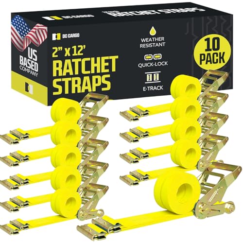 DC Cargo Mall E Track Ratchet Straps Cargo Tie-Downs, (Pack of 10) 2 x 12 Heavy Duty Yellow Tie-Down Rachet Straps, Strong Ratchet Strap, E Track Spring Fittings, Tie Down Motorcycle - size: 10 - Pack