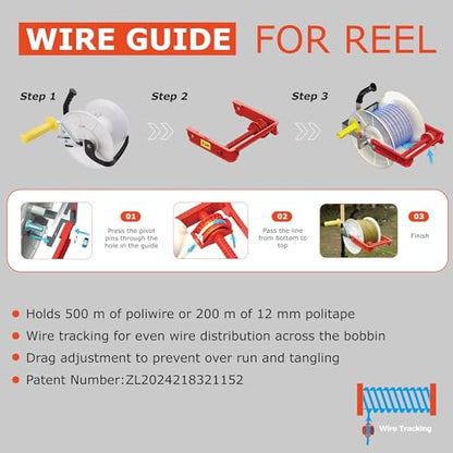 3:1 Geared Electric Fencing Reel, Electric Fence Wire Reel, with Guide - size: 0 ft x 1 standard reel x 1 guide