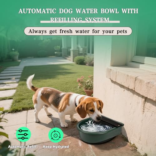 Automatic Water Dispenser for Dogs with Drain Hole & Drain Valve, 1 Gallon Auto Dog Water Bowl Outdoor with Float Valve, Hose Quick Connect Fitting, for Livestock, Chicken, Horse (Green)