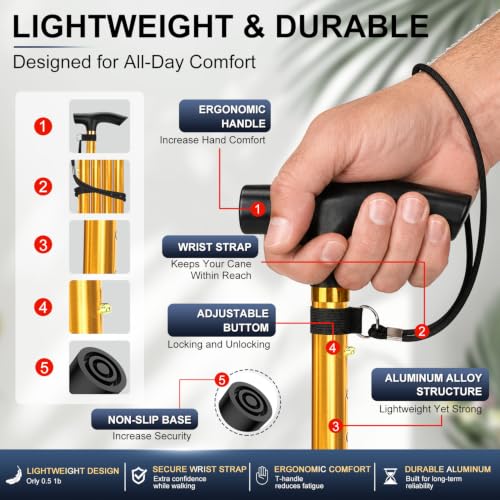 supregear Folding Cane, 5-Level Adjustable Height Walking Stick Lightweight Collapsible Portable Travel Cane with Wrist Strap and T Handle for Elderly Disabled Men Women - color: Gold