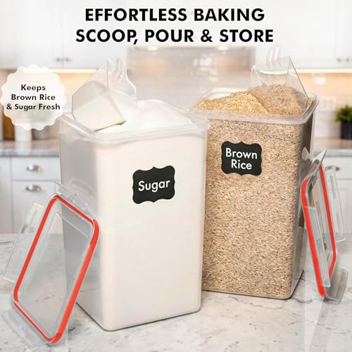 WHITE FEATHER SUPPLIES 2 PC [7 Qt / 6.5L / 220 Oz] Large Food Storage Containers with Lids Airtight - BPA Free Clear Plastic Kitchen and Pantry Storage Containers for Cereal, Flour, Sugar, Rice - color: Red - 2 Pack