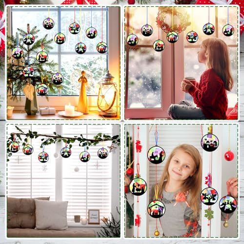 AmazingSpark 30 Pcs Nativity Ornaments Craft Kits, Suncatchers DIY Xmas | Birth of Jesus Stained Glass Tissue Art, Christian Religious Education, Church Classroom Party Activities Bulk Set - style: Christmas Nativity