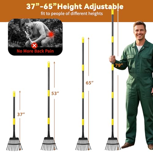 Rake, Garden Leaf Rakes for Lawns Heavy Duty, Yard Metal Rake Tools with 9" Small Narrow Rake Head, 65” Adjustable Long Handle, 11 Steel Tines, Quick Clean up Rake for Shrub, Flower Bed, Camping - style: 5 FT
