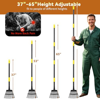 Rake, Garden Leaf Rakes for Lawns Heavy Duty, Yard Metal Rake Tools with 9" Small Narrow Rake Head, 65” Adjustable Long Handle, 11 Steel Tines, Quick Clean up Rake for Shrub, Flower Bed, Camping - style: 5 FT