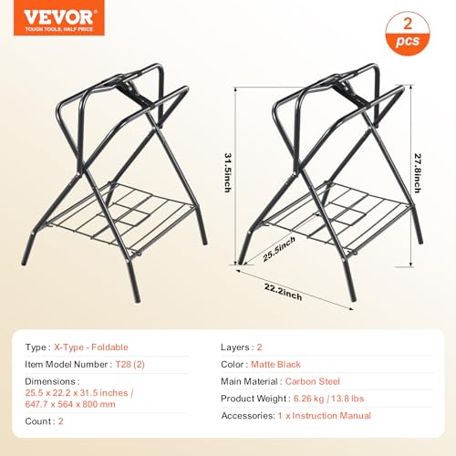 VEVOR Folding Saddle Rack, 2 Packs Freestanding Horse Saddle Stand, Portable Horse Blanket Holder, Heavy Duty Steel Saddle Rack for English & Western Saddles, Tack Storage, 28 x 19 x 37.5 in, Black - style: Folding Saddle Rack-2 Pcs