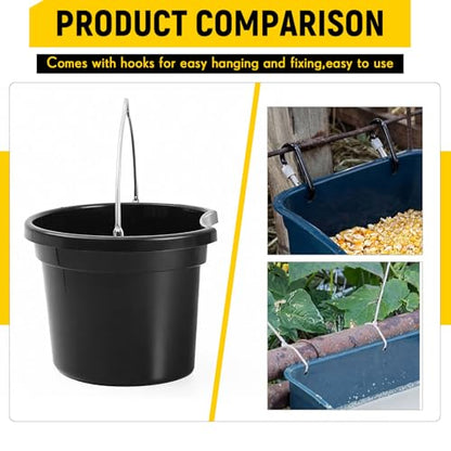 Marsui 4 Pcs Horse Feeder Bucket with Hook, 8.5 Quart Plastic, Black